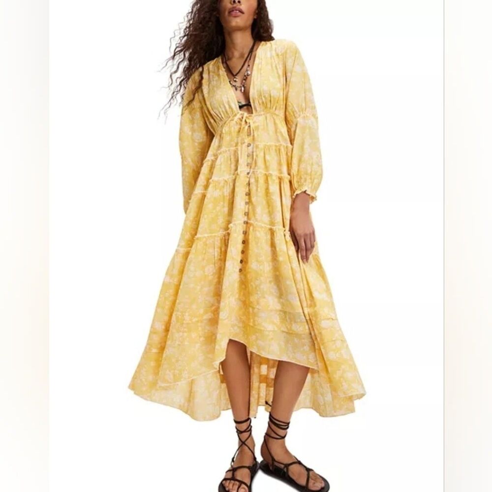 Free People Pappiet Floral Midi Dress Yellow Floral High Low Size XSmall DXS1
